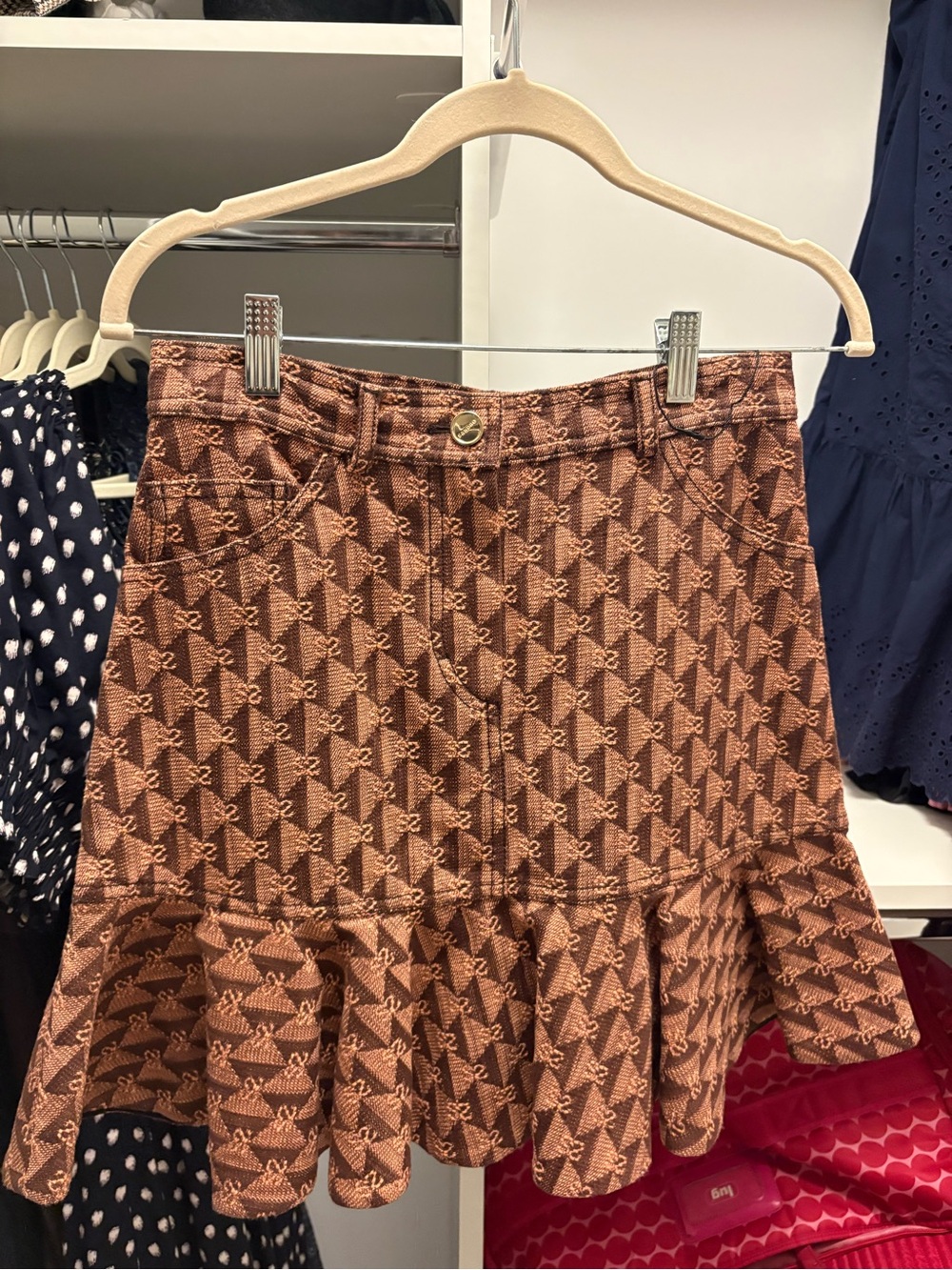 Sandro Jacquard Brown Ruffle Hem Skirt